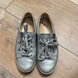 Ecco Silver Leather Lace-Up Sneakers with Side Zips